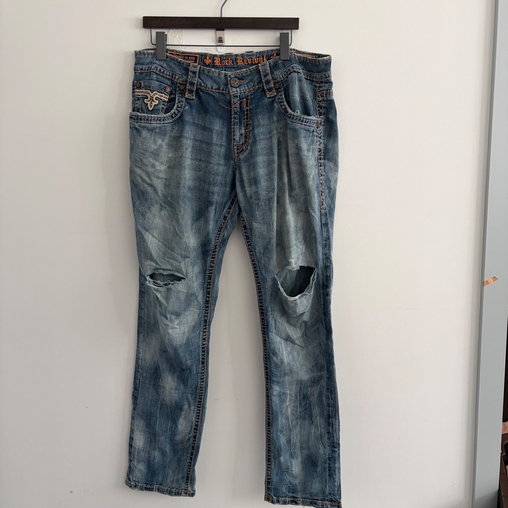 Rock Revival Rand Straight Distressed Blue Denim Jeans Mens Size 34